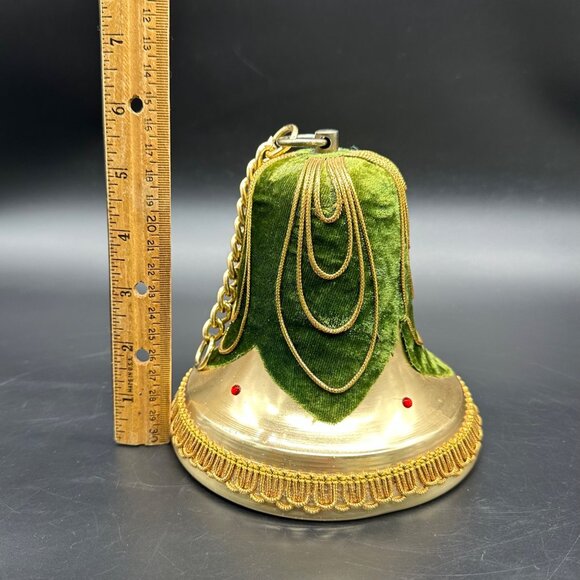 Vintage Green Velvet Gold Christmas Bell Music Box Hanging Decoration Japan - Picture 11 of 11